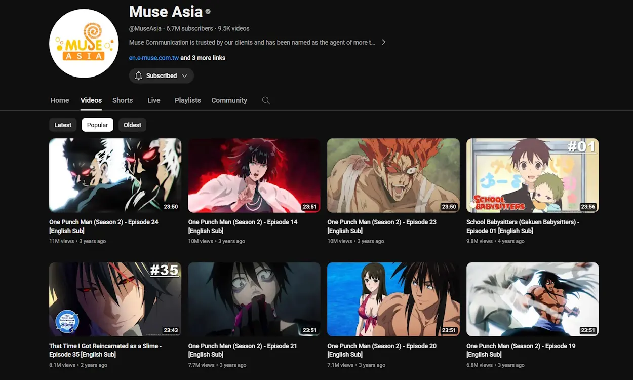 Channel Youtube Muse Asia - aplikasi untuk nonton anime gratis