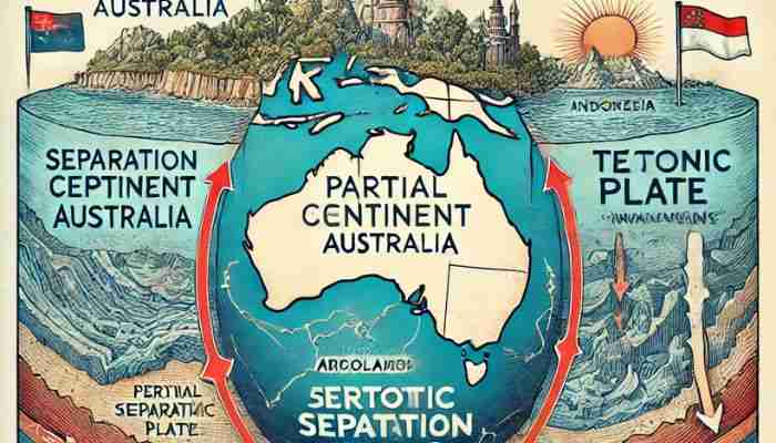 Diagram ilmiah menunjukkan pemisahan Argoland dari Australia dan pergerakannya menuju Indonesia akibat pergeseran lempeng tektonik selama jutaan tahun. Diagram mencakup tiga tahap: Argoland terhubung ke Australia, pemisahan parsial, dan tenggelam di perairan Indonesia. Label periode geologi dan lempeng tektonik juga disertakan.