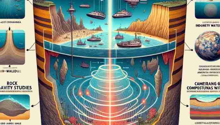 Diagram ilmiah yang menggambarkan metode geologi untuk menemukan benua yang hilang, Argoland. Diagram mencakup tiga metode utama: analisis seismik dengan gelombang suara, studi magnetik dan gravitasi untuk mendeteksi anomali kerak bumi, serta analisis batuan dan sedimen untuk membandingkan komposisi geologis dengan Australia.