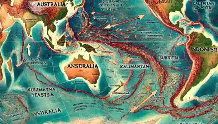 Peta menunjukkan lokasi Argoland yang tenggelam di perairan Indonesia dengan pergerakan tektonik dari Australia selama jutaan tahun. Peta juga mencantumkan Sumatra, Kalimantan, dan Papua serta legenda geologi.