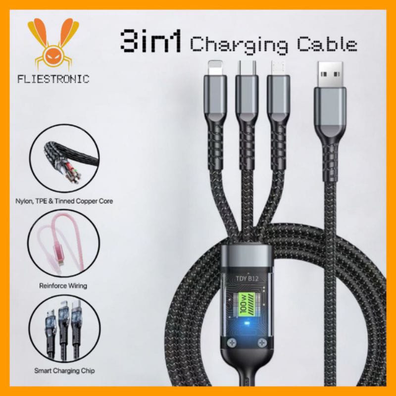 COD FLIESTRONIC Cable Charger 3in1 Fast Charging / Cable Type C, Lightning & USB/ Kabel Pengisi Daya