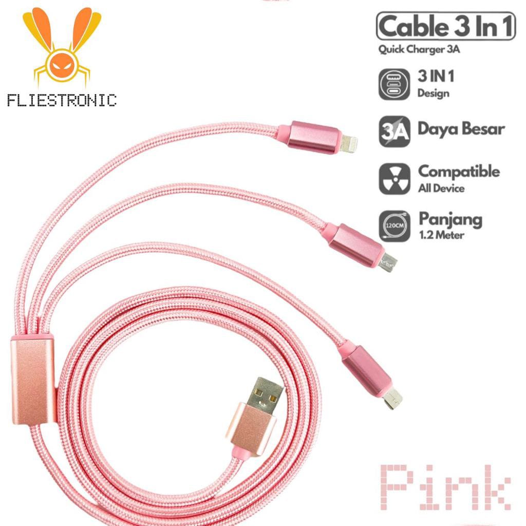 COD FLIESTRONIC Cable Charger 3in1 Fast Charging / Cable Type C, Lightning & USB/ Kabel Pengisi Daya