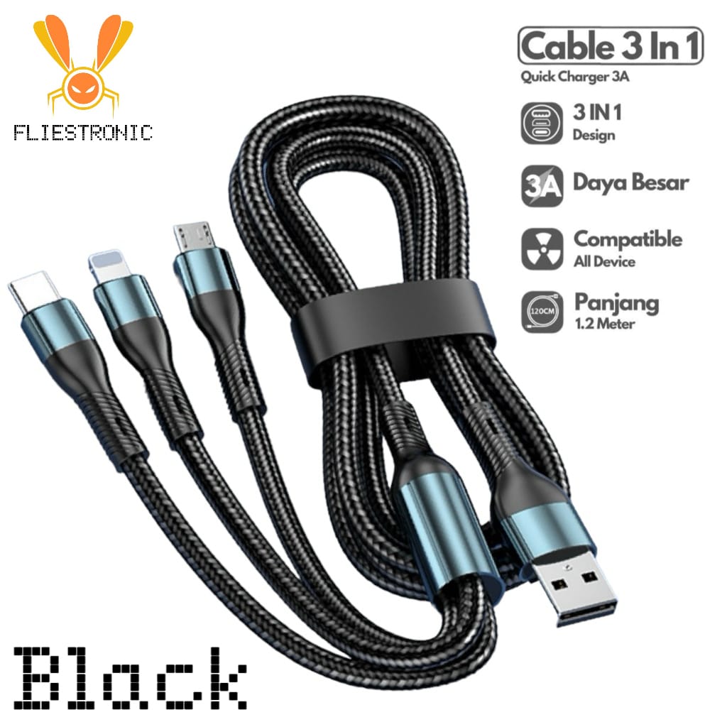 COD FLIESTRONIC Cable Charger 3in1 Fast Charging / Cable Type C, Lightning & USB/ Kabel Pengisi Daya