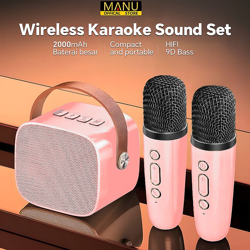 Speaker mini bluetooth 2 mic 1 karaoke Bluetooth 5.3 Set Mini Full Bass Portable Wireless (Dapat terhubung ke keponsel/komputer/TV)